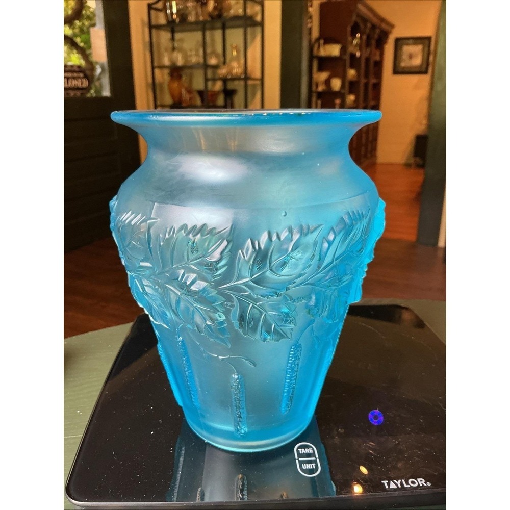 Antique 7.75" x 6" Czech Josef Inwald Blue Satin Birch Glass Vase Art Deco